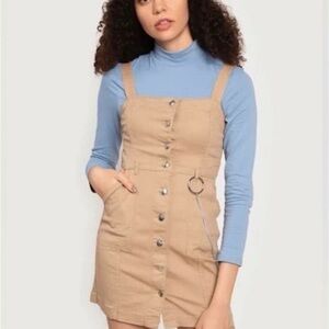 H&M Dungaree Button Up Tan Denim Pinafore Mini Dress XXS Boho Y2K
